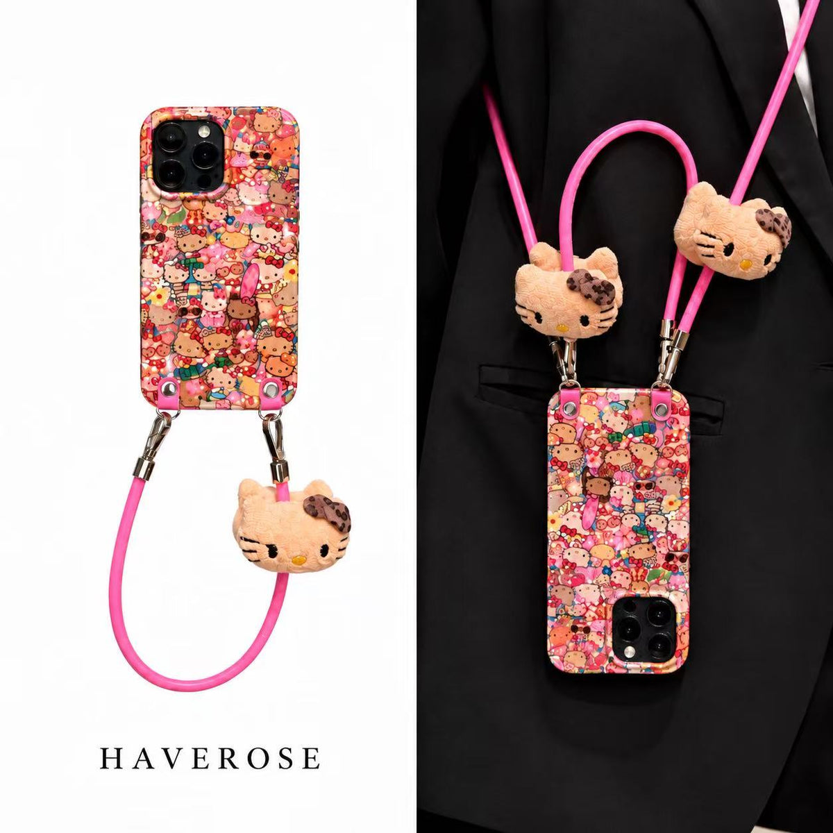 HAVEROSE かわいいiPhoneケース|ショルダーストラップ・ぬいぐるみチャーム付き|黄ばみ防止
